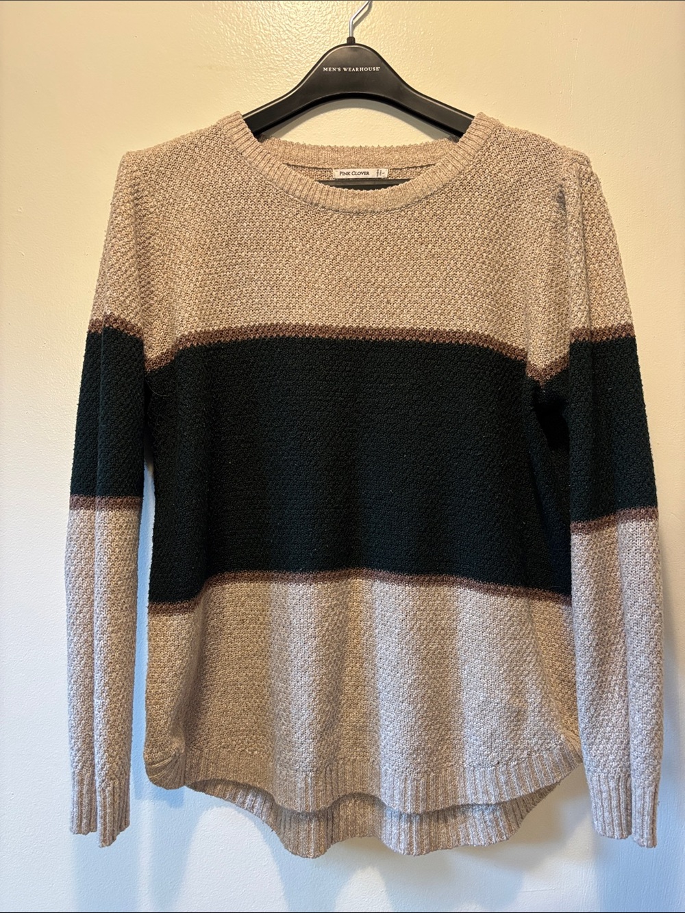 Pink Clove Beige and Black Wide-Stripe Crewneck Sweater with Brown Accents